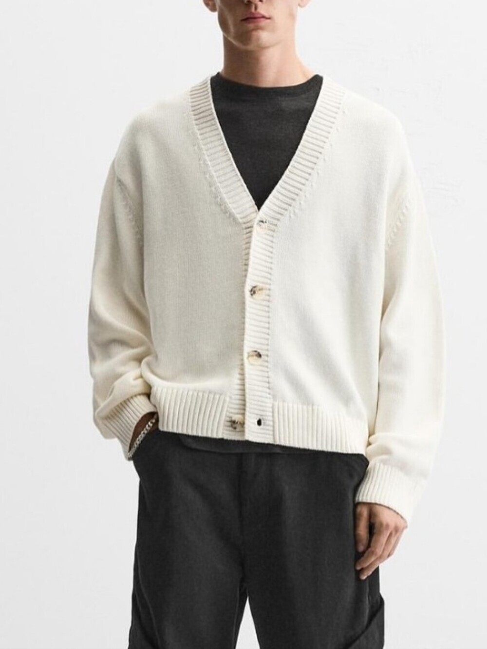 Zara Men's Cotton Cream V-Neck Button Long Sleeve Cardigan Sweater Size M